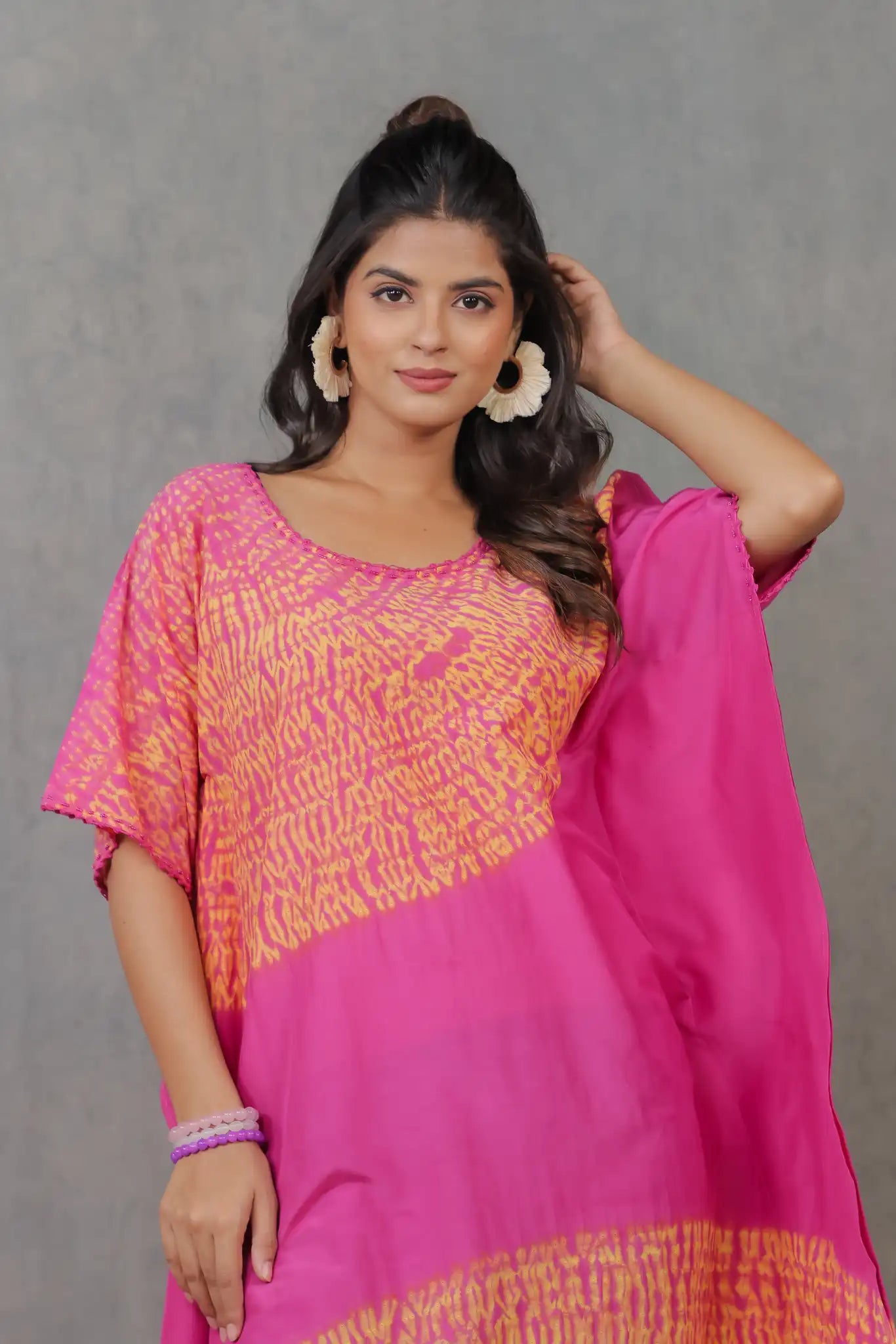 Magenta cotton silk shibori kaftan