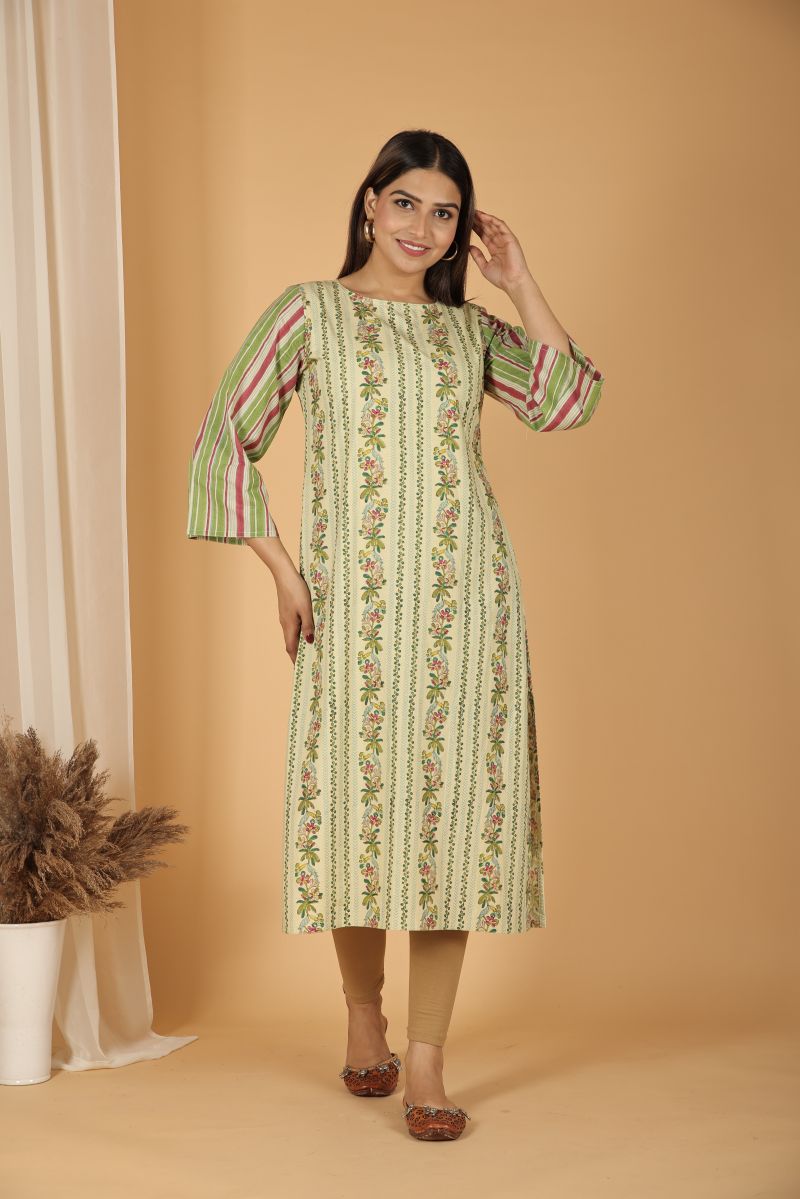 TS Chevron Print Kurta with Striped Sleeves
