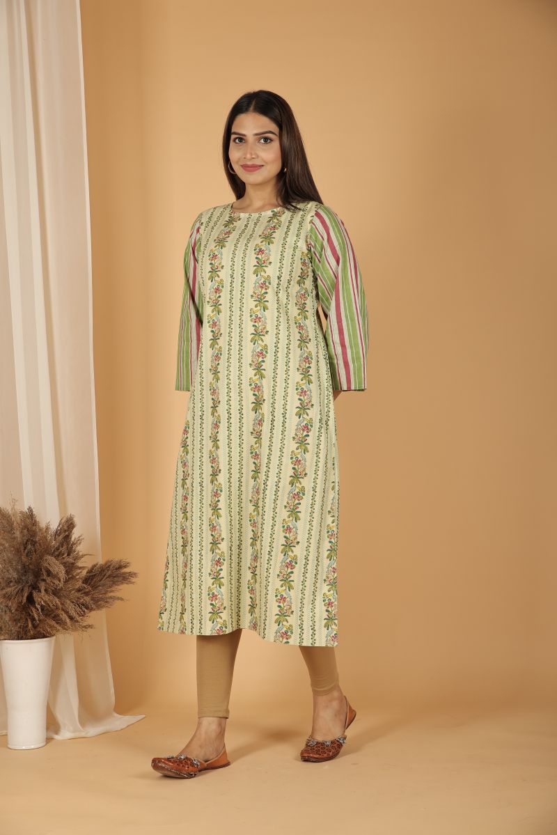 TS Chevron Print Kurta with Striped Sleeves