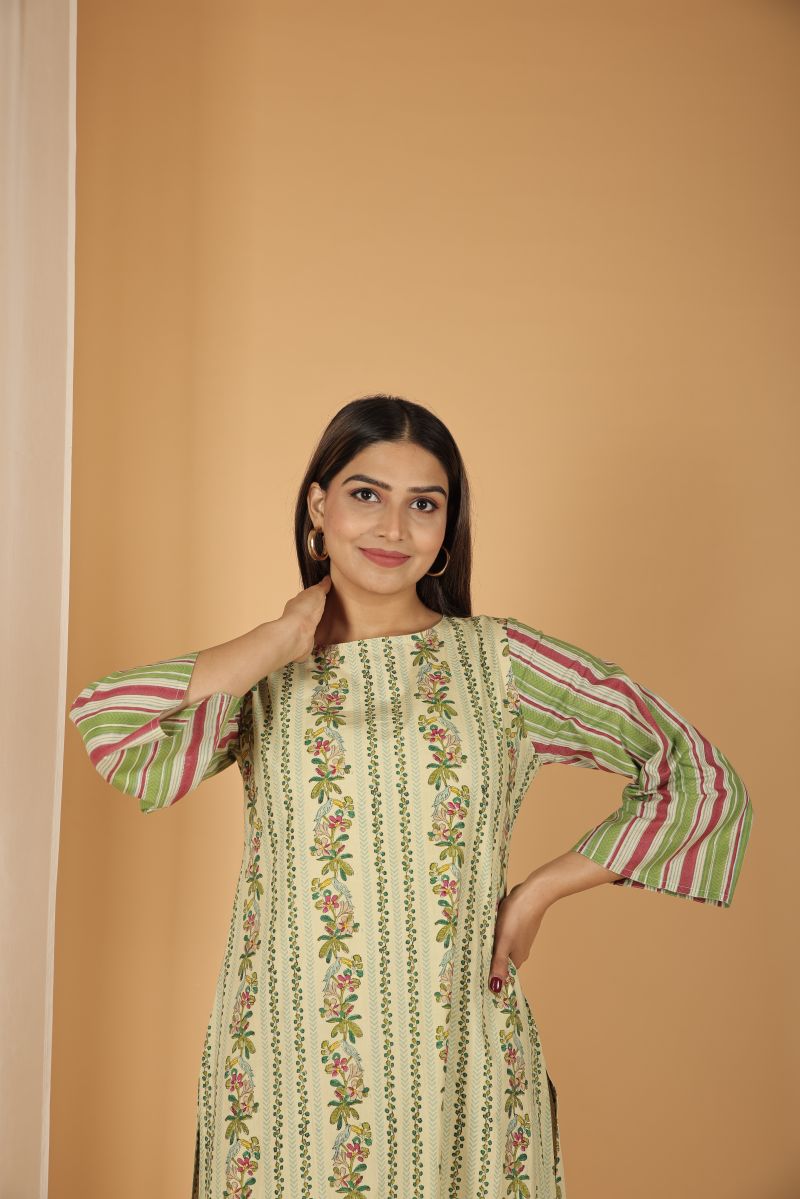 TS Chevron Print Kurta with Striped Sleeves