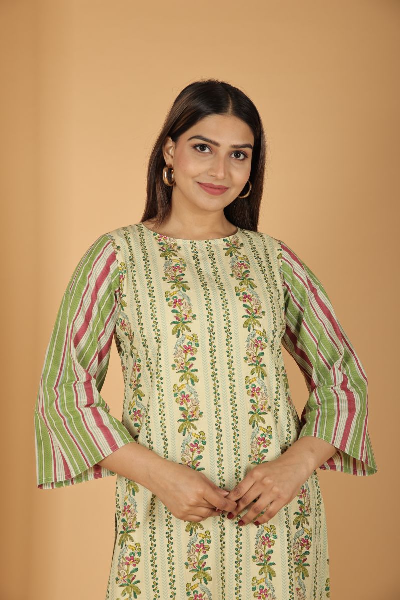 TS Chevron Print Kurta with Striped Sleeves