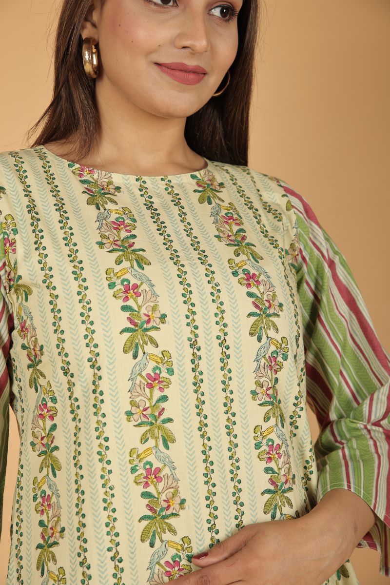 TS Chevron Print Kurta with Striped Sleeves