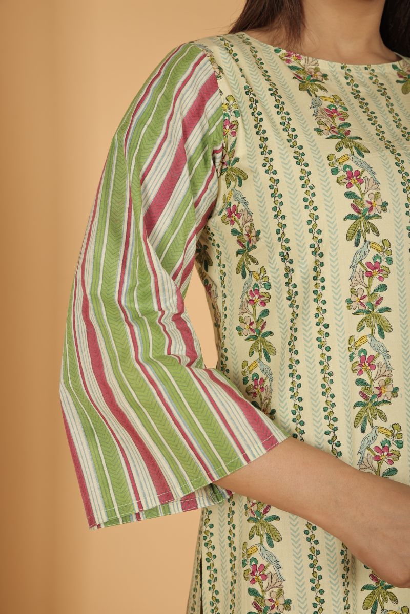 TS Chevron Print Kurta with Striped Sleeves