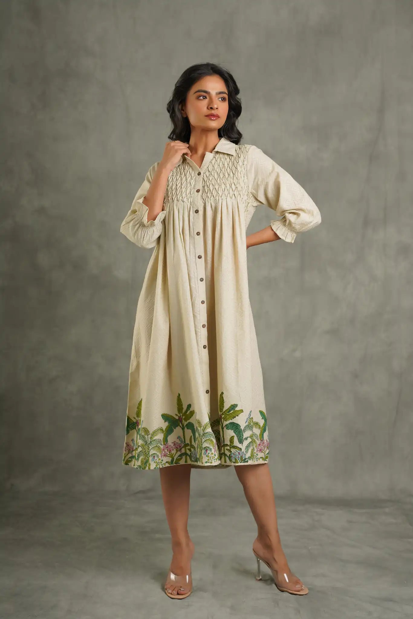 Textured cotton palm print Kurta-Cream