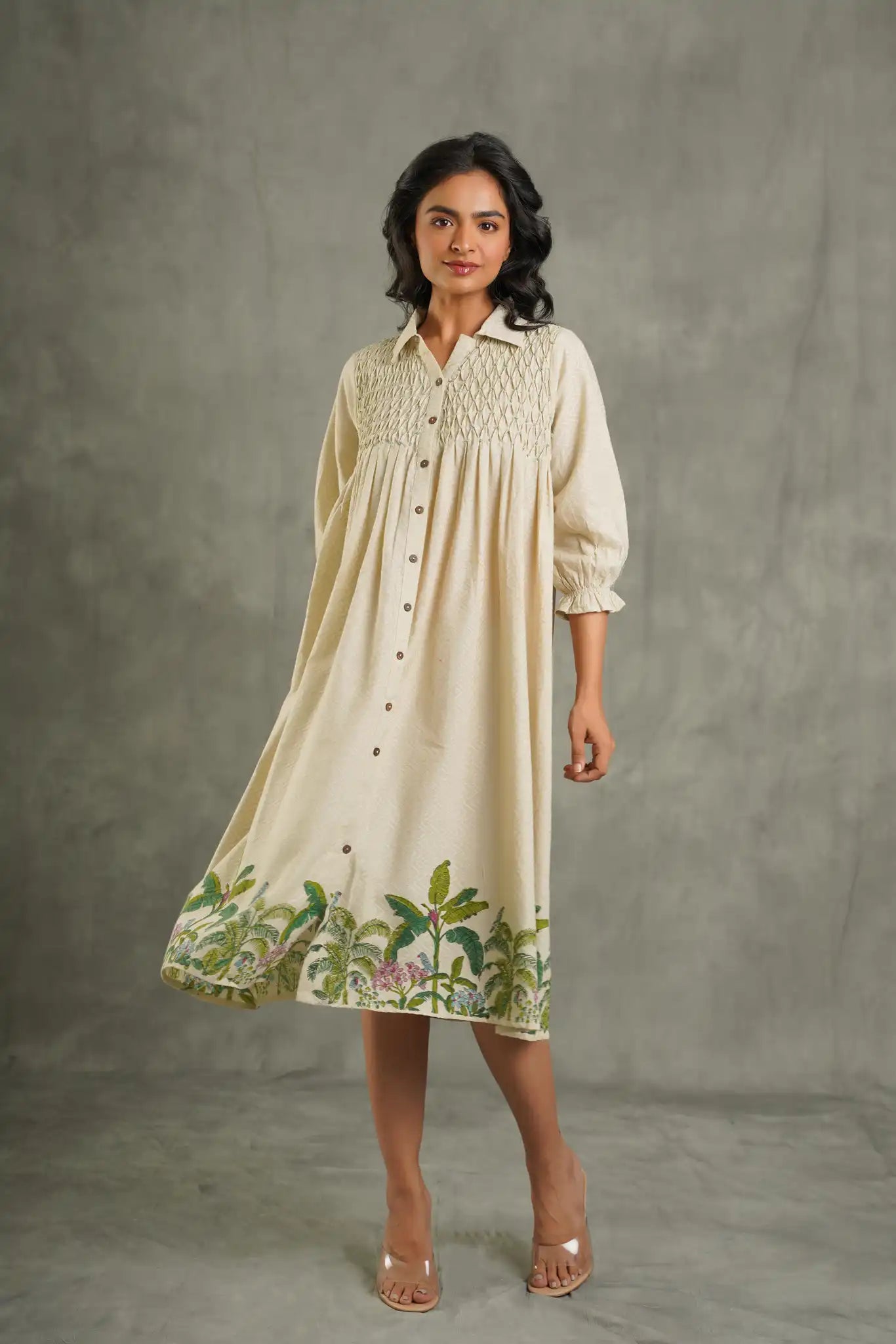 Textured cotton palm print Kurta-Cream