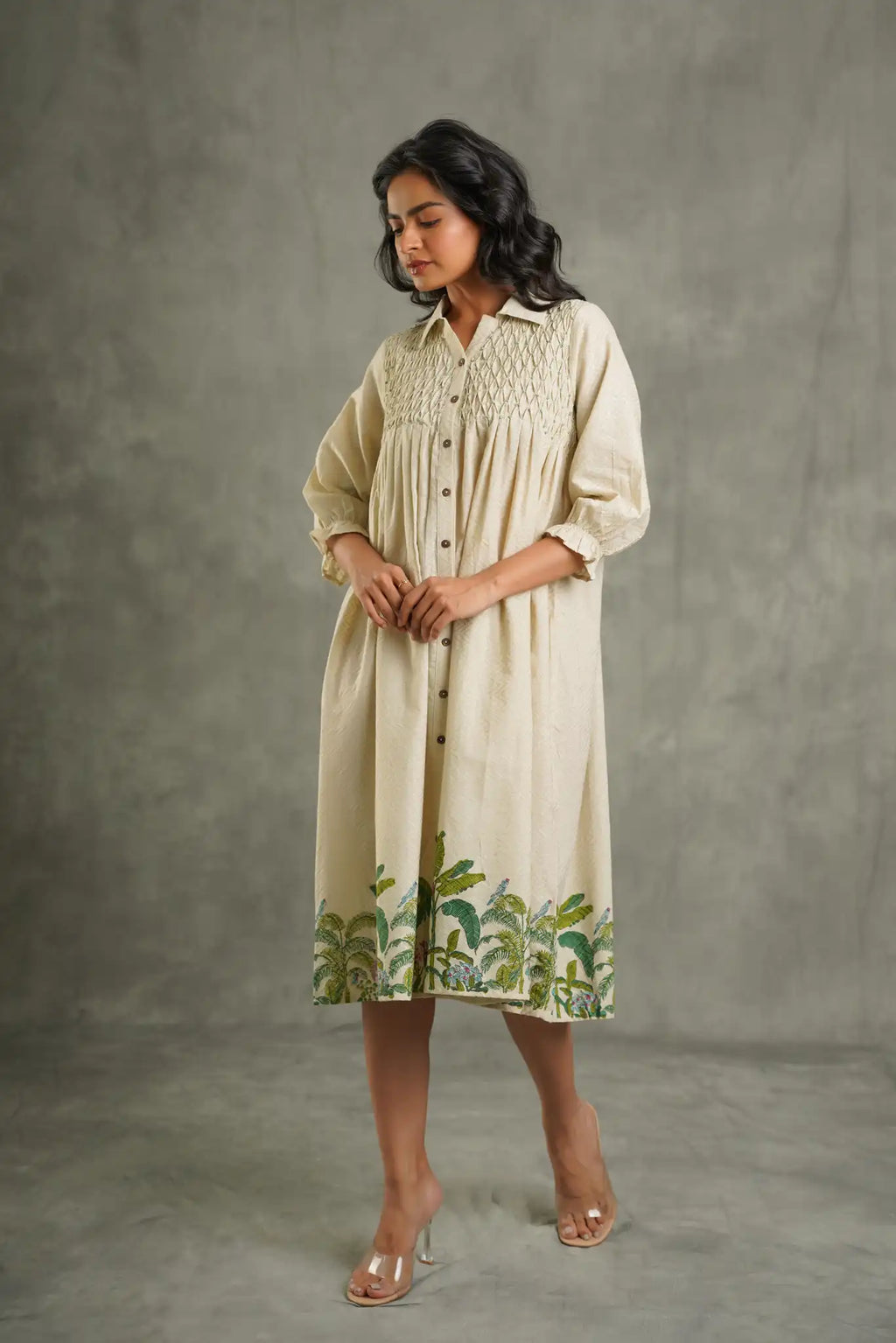 Textured cotton palm print Kurta-Cream