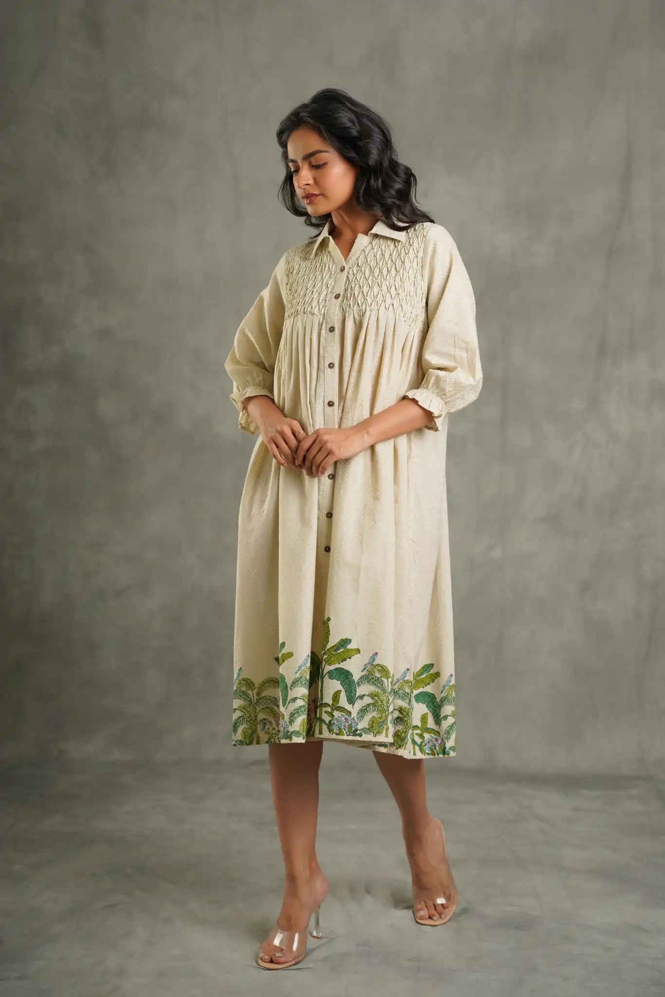 Textured cotton palm print Kurta-Cream