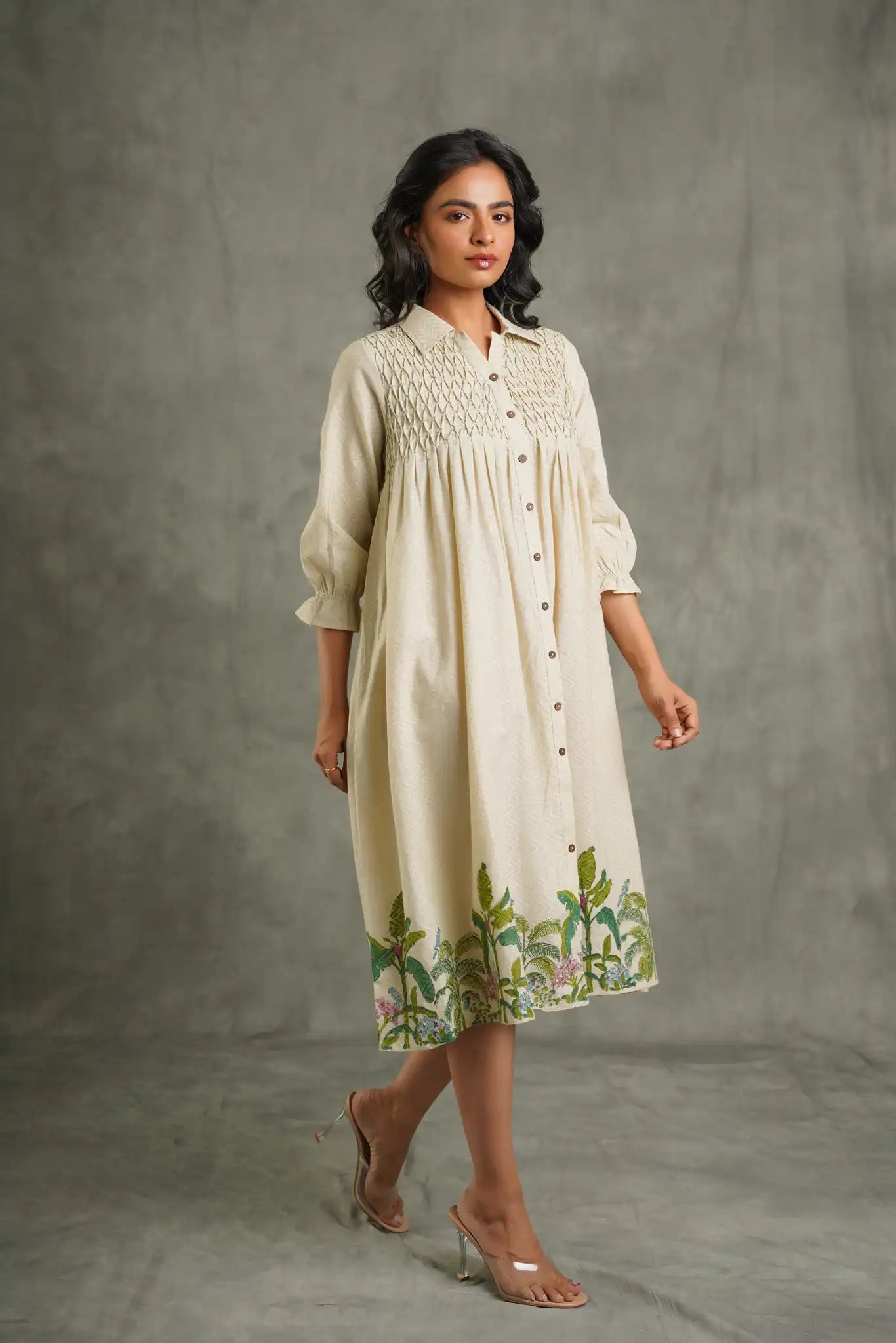 Textured cotton palm print Kurta-Cream