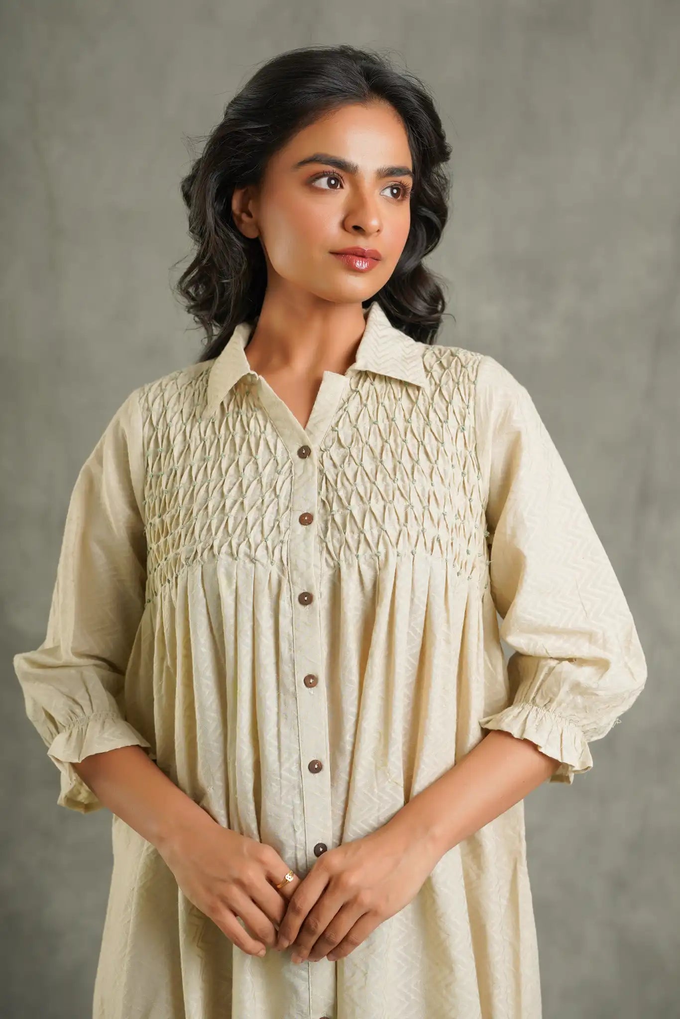 Textured cotton palm print Kurta-Cream