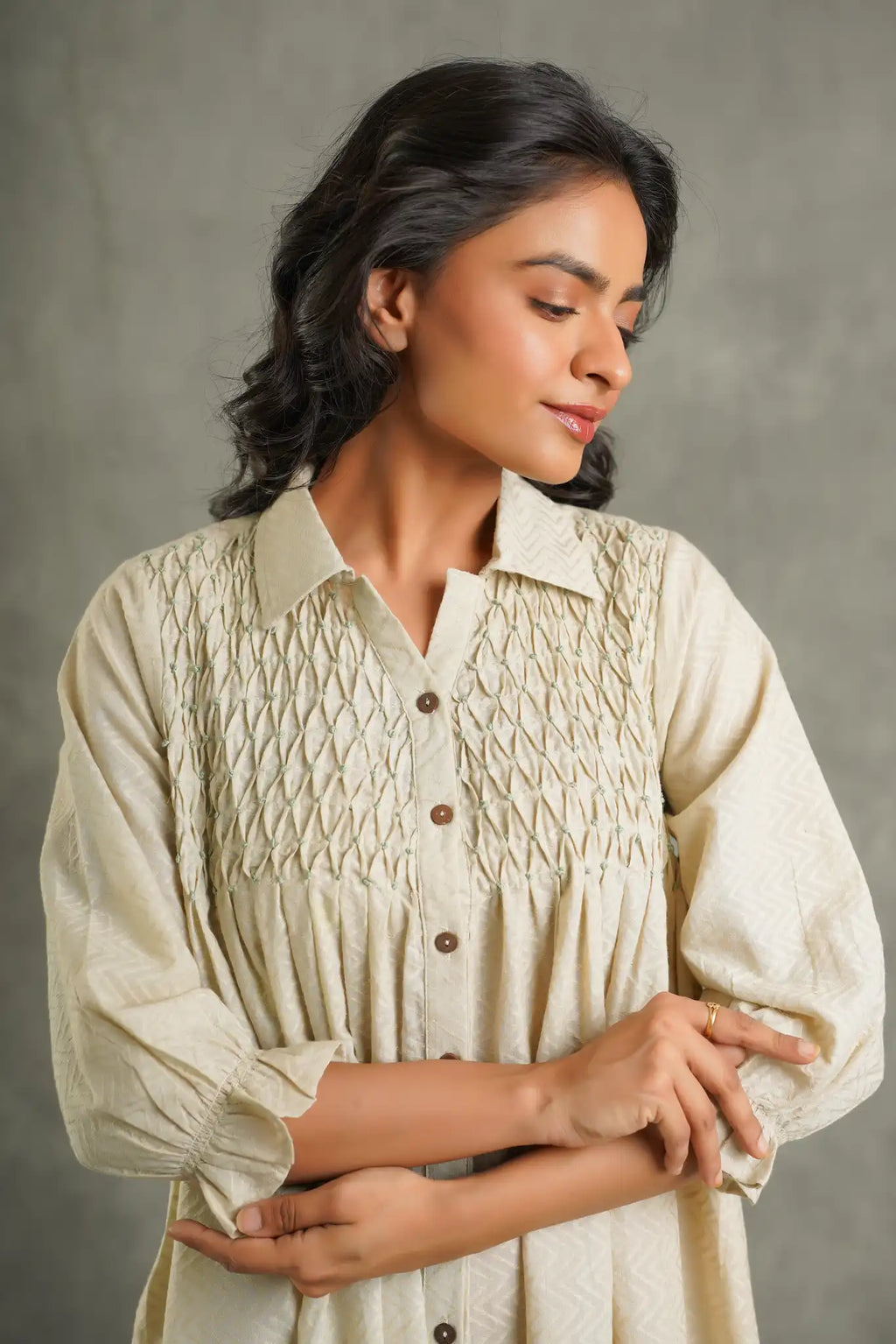 Textured cotton palm print Kurta-Cream