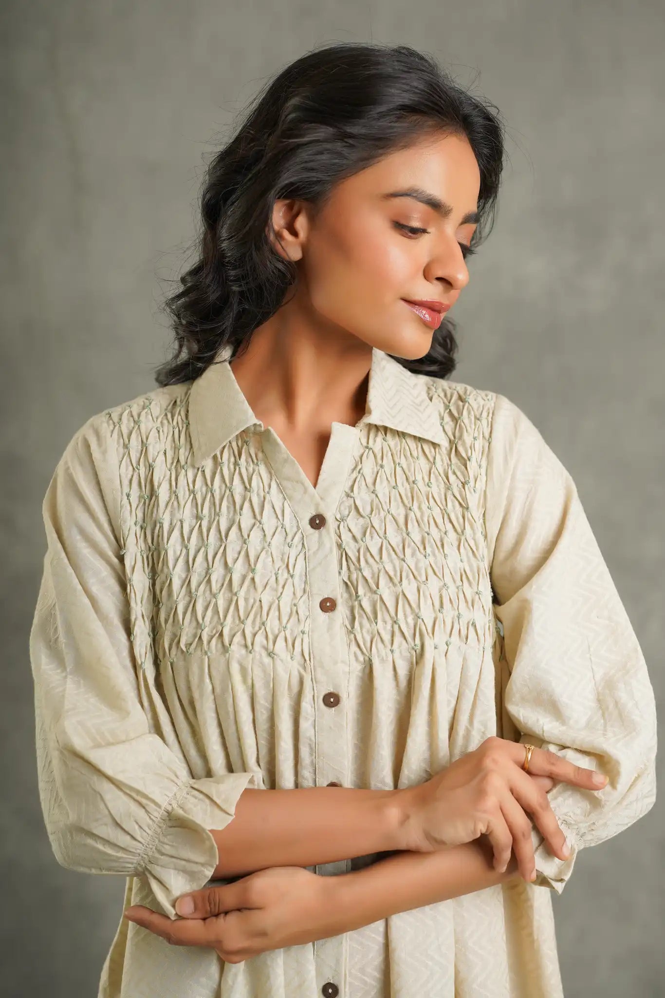 Textured cotton palm print Kurta-Cream