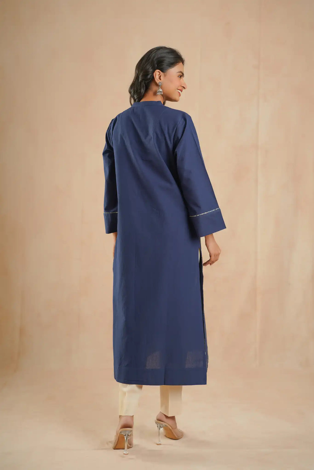 Indigo cotton dress w/running stitch