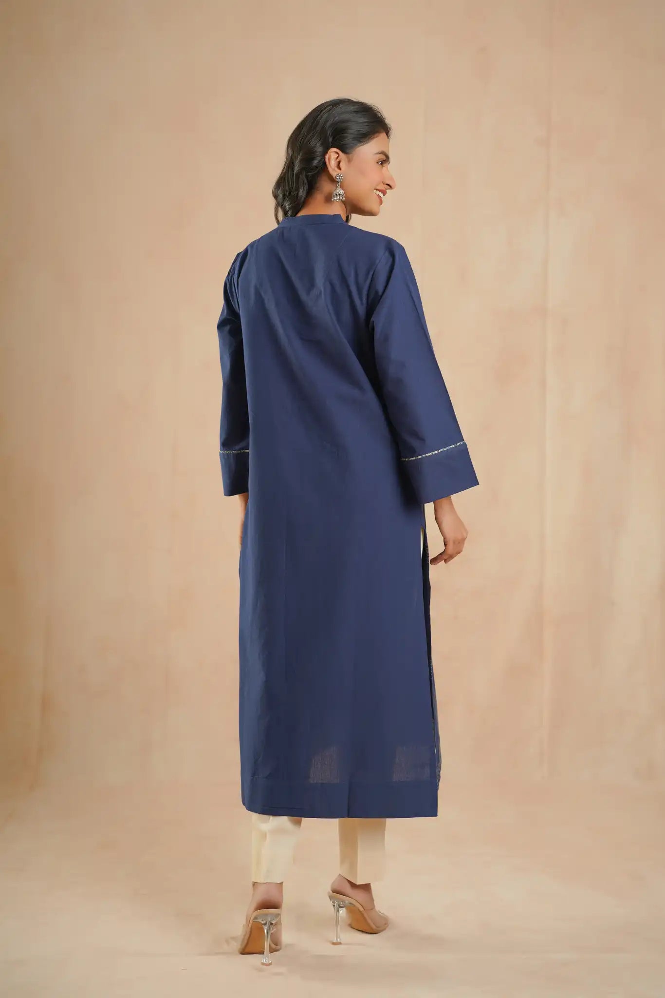 Indigo cotton dress w/running stitch