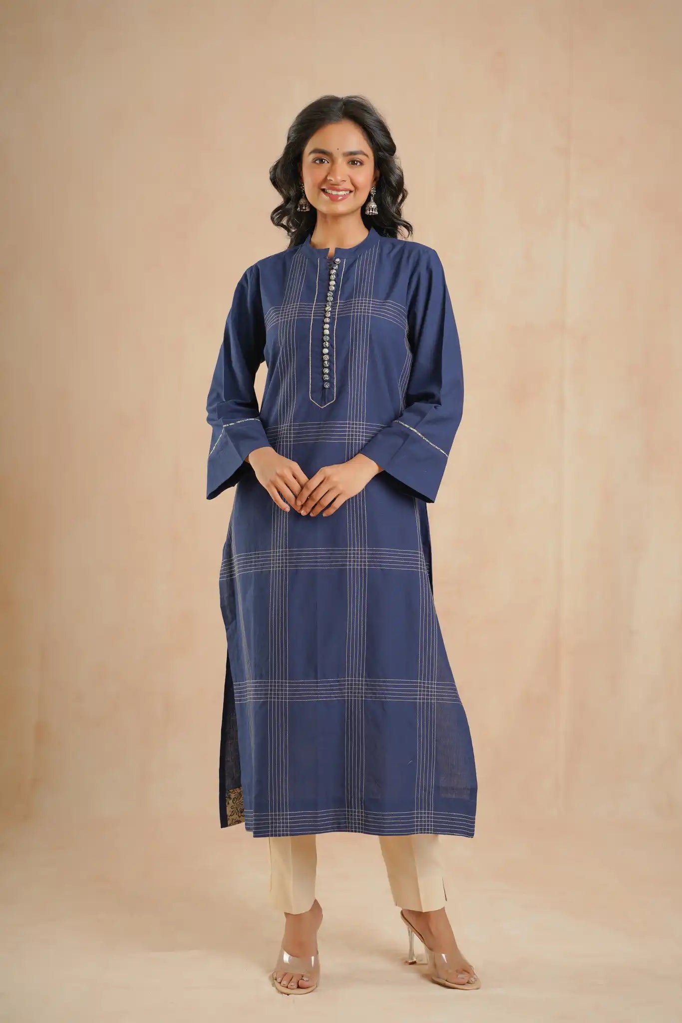 Indigo cotton dress w/running stitch