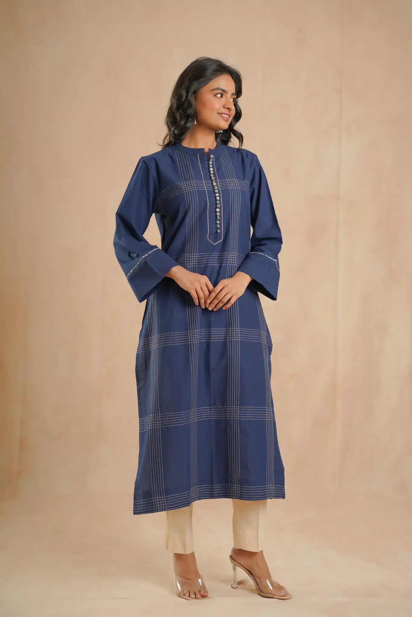 Indigo cotton dress w/running stitch