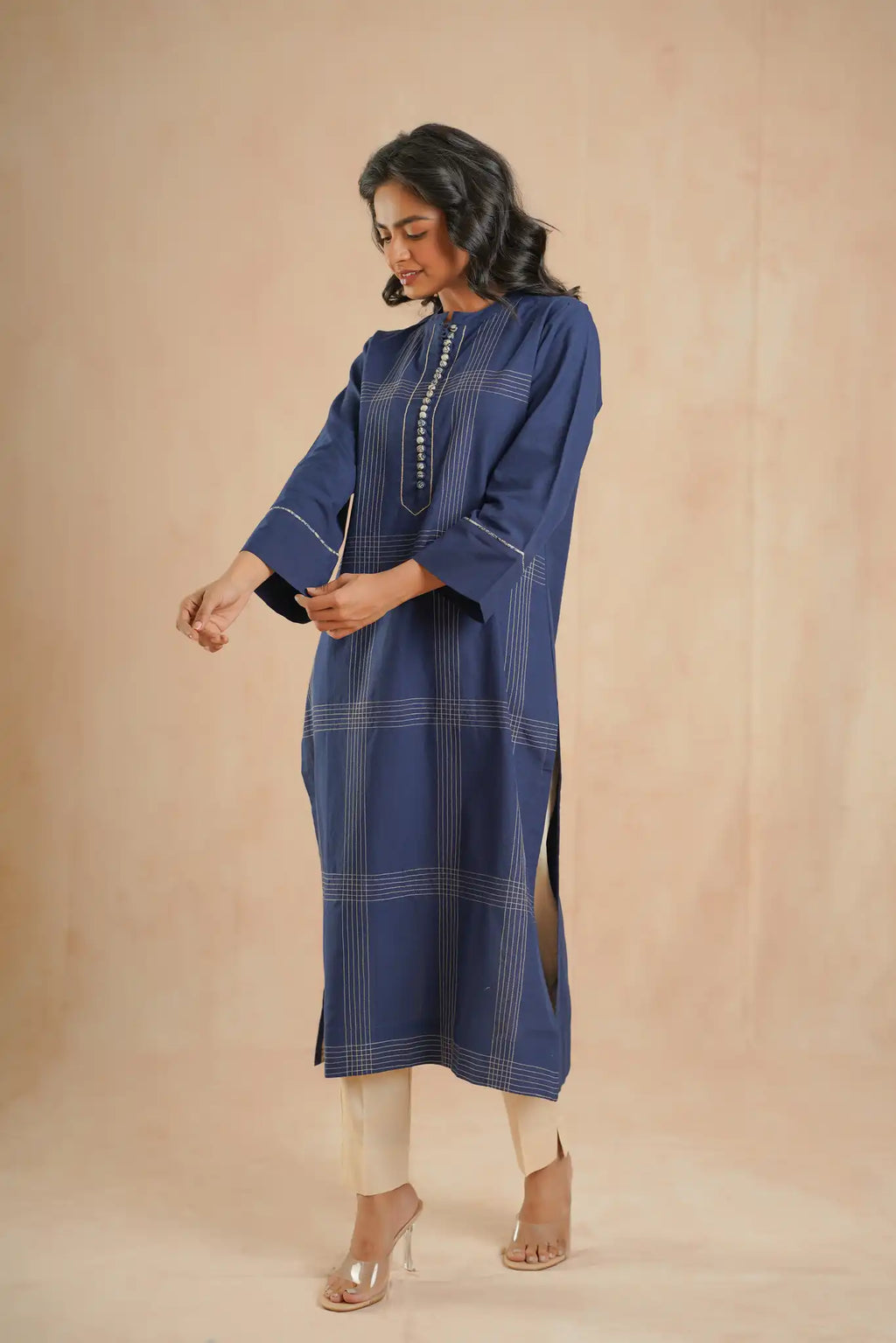 Indigo cotton dress w/running stitch
