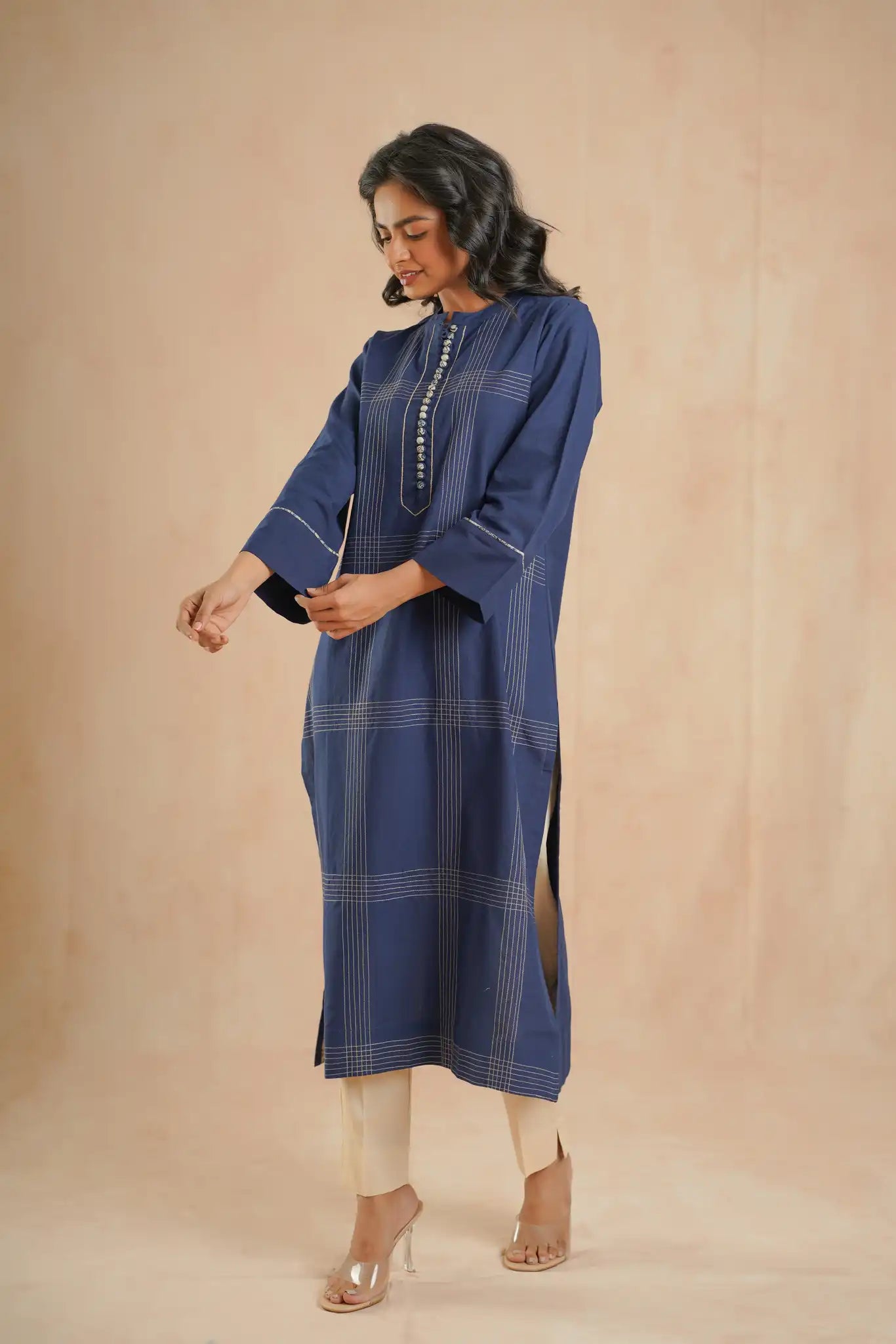 Indigo cotton dress w/running stitch