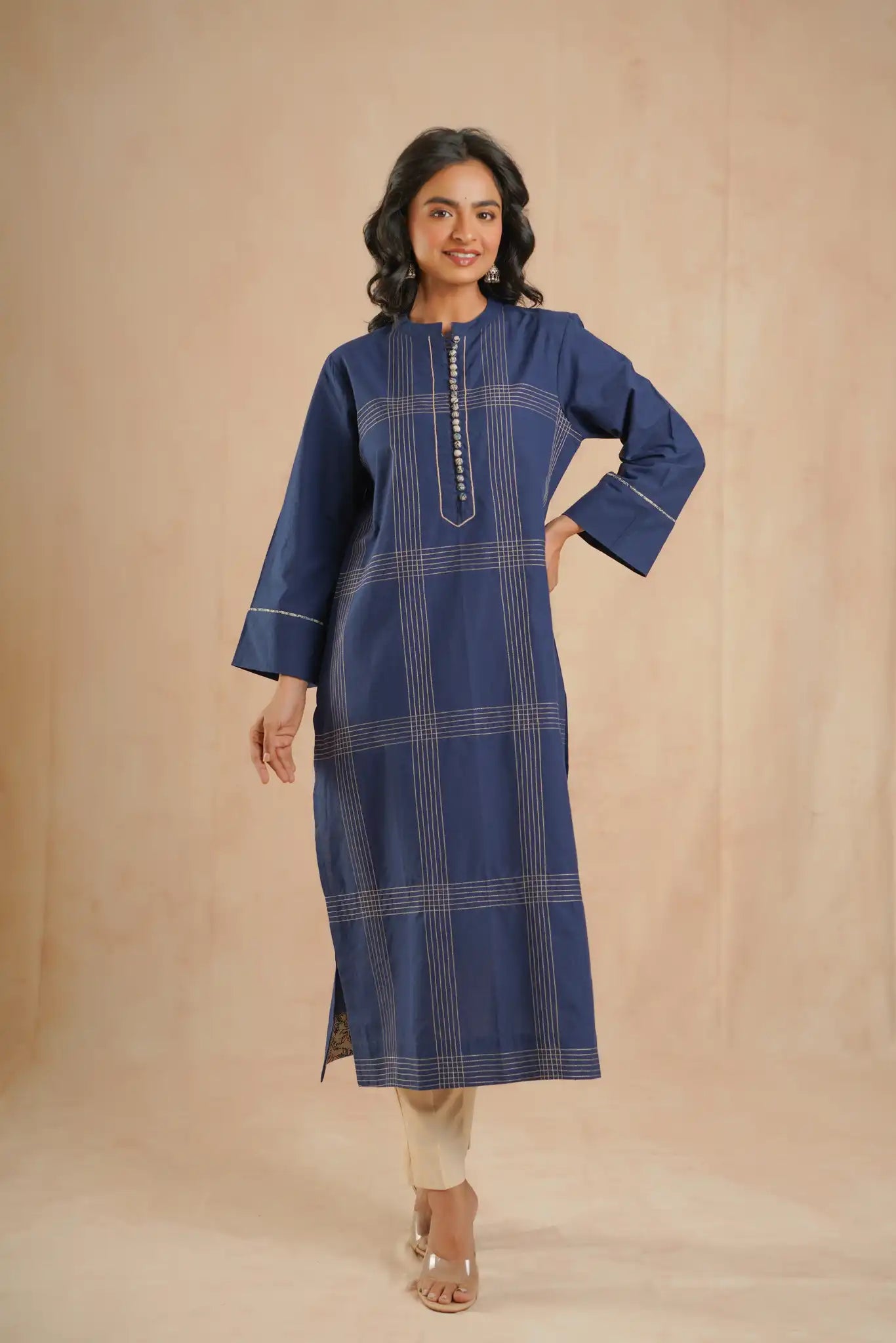 Indigo cotton dress w/running stitch