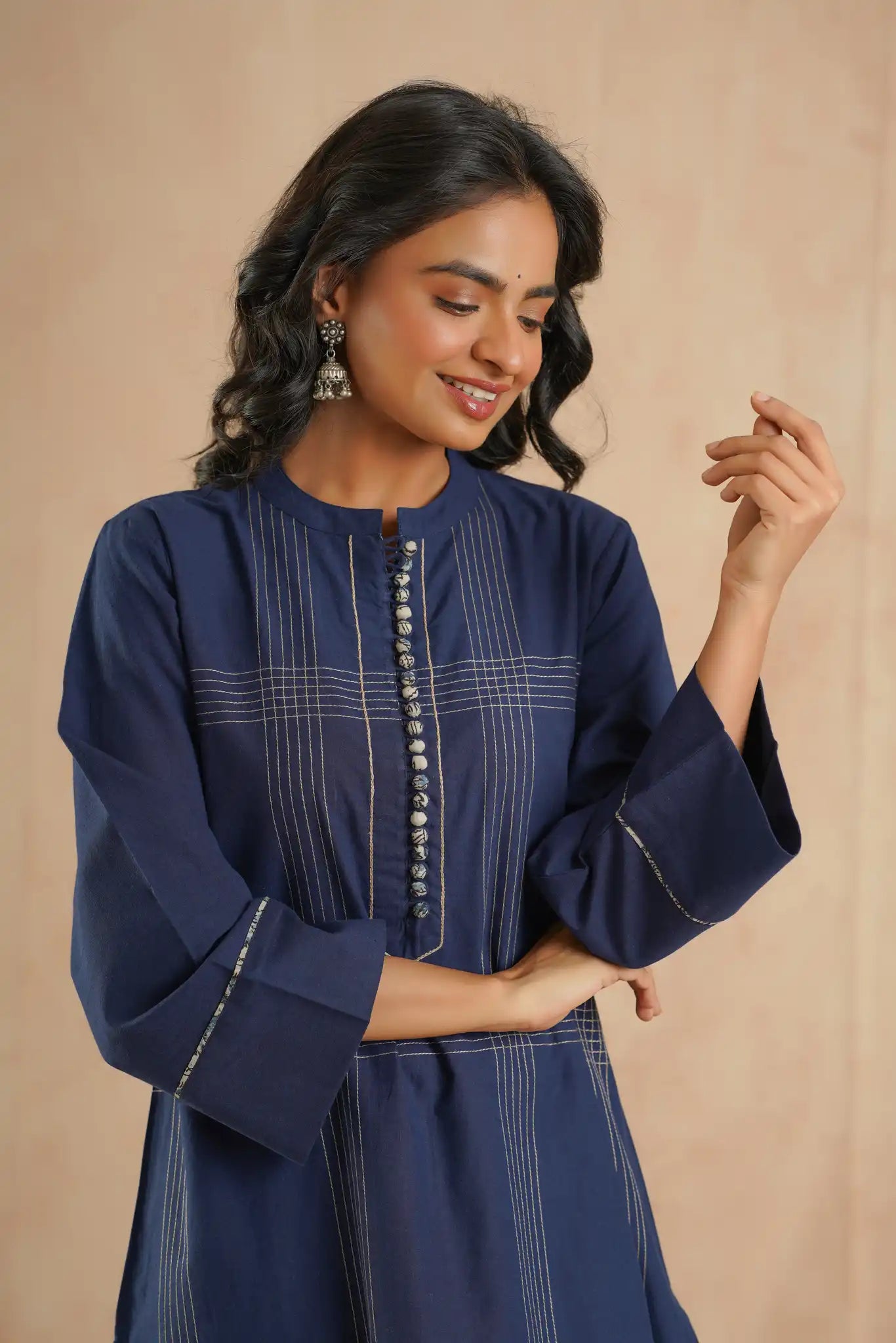 Indigo cotton dress w/running stitch