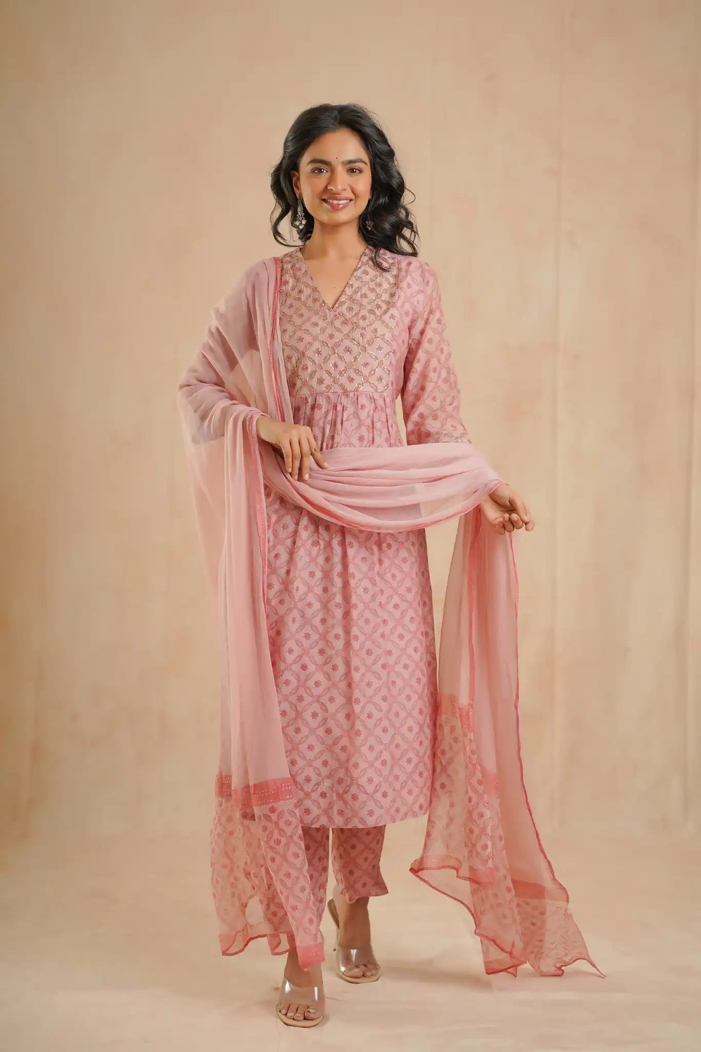 Chanderi Dress with Rogan & Pitan work-Peach