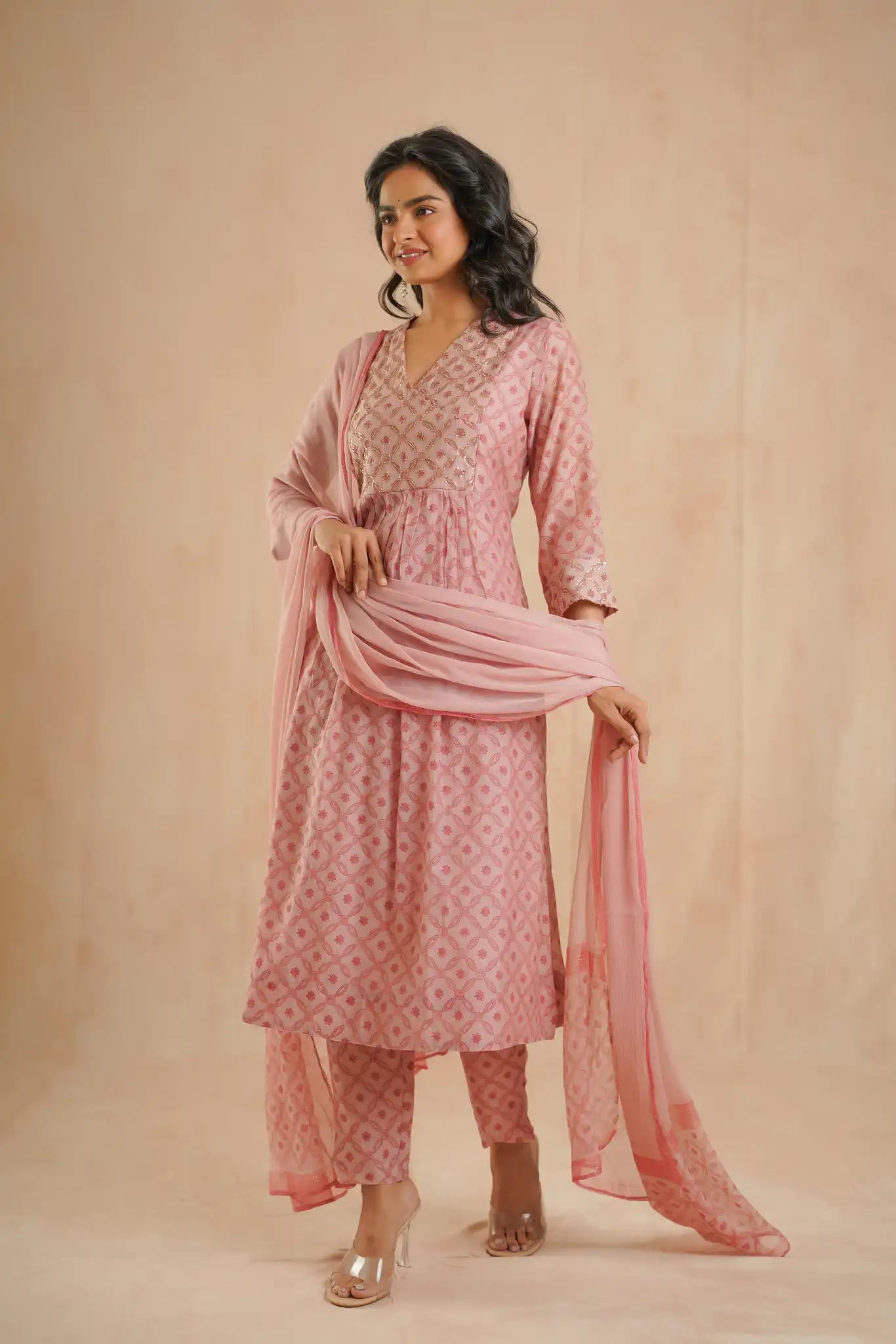 Chanderi Dress with Rogan & Pitan work-Peach