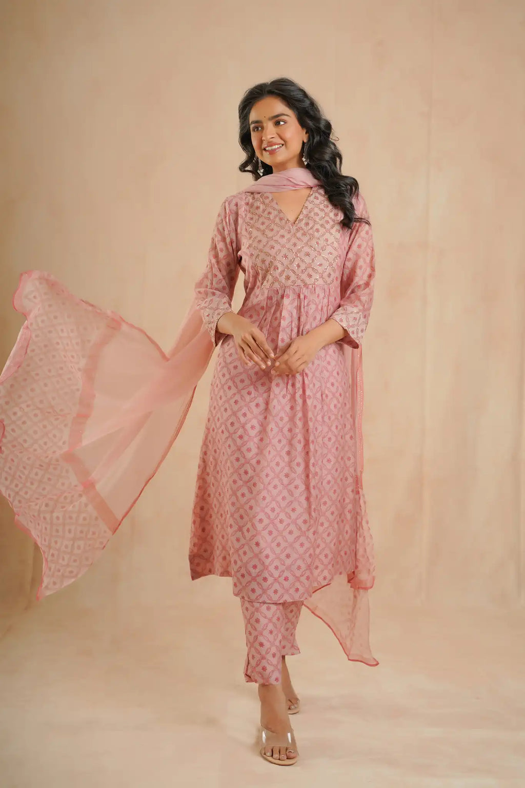 Chanderi Dress with Rogan & Pitan work-Peach