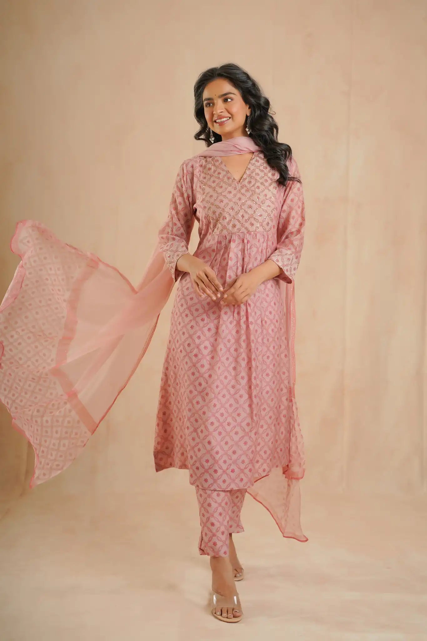 Chanderi Dress with Rogan & Pitan work-Peach