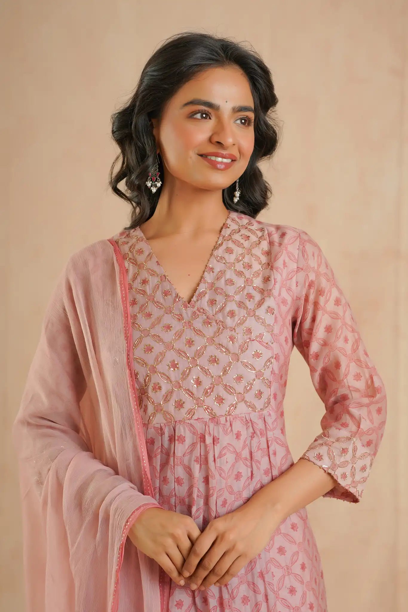 Chanderi Dress with Rogan & Pitan work-Peach