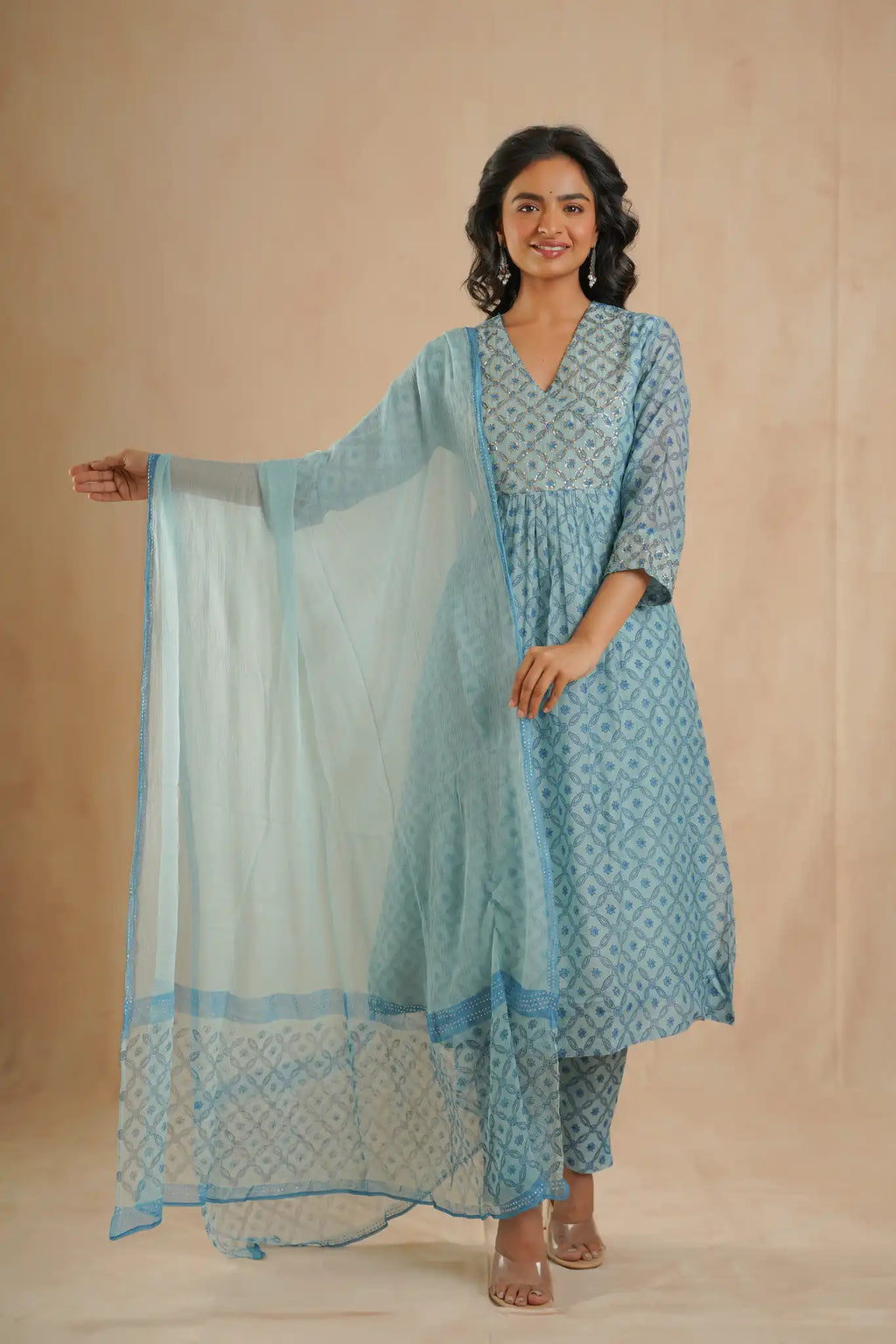 Chanderi Dress with Rogan & Pitan work - Teal Blue