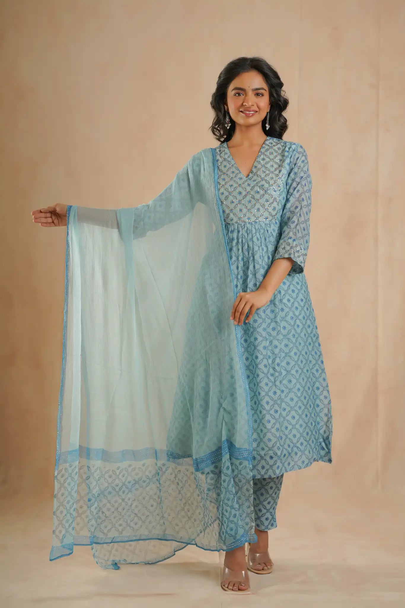 Chanderi Dress with Rogan & Pitan work - Teal Blue