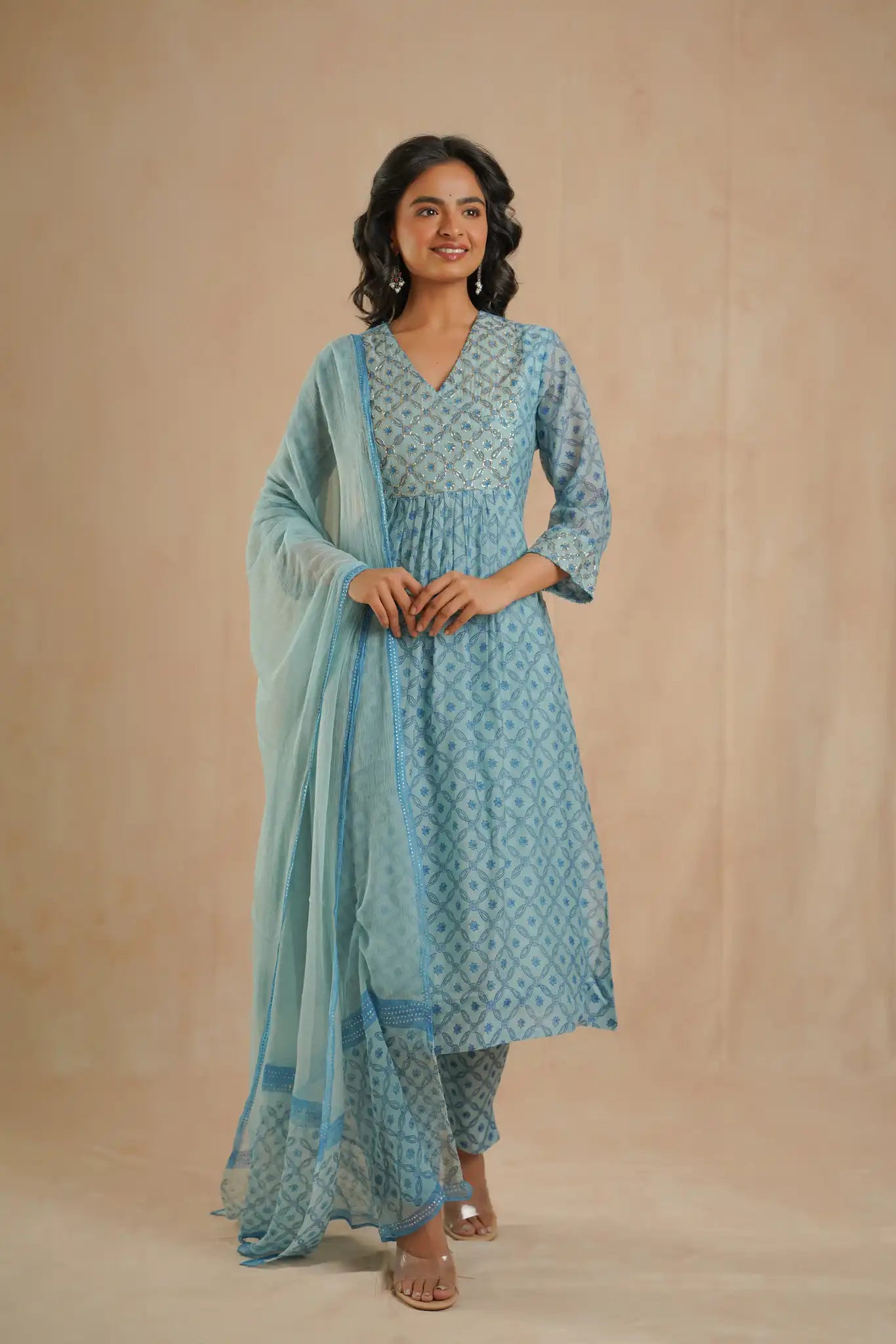 Chanderi Dress with Rogan & Pitan work - Teal Blue