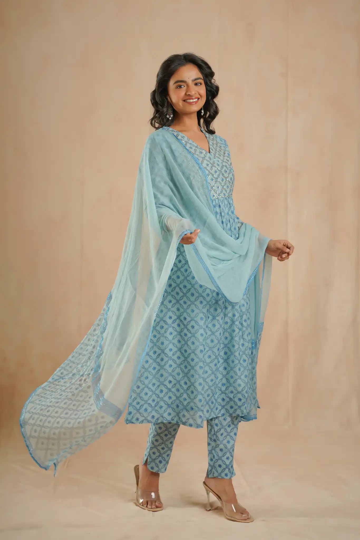 Chanderi Dress with Rogan & Pitan work - Teal Blue