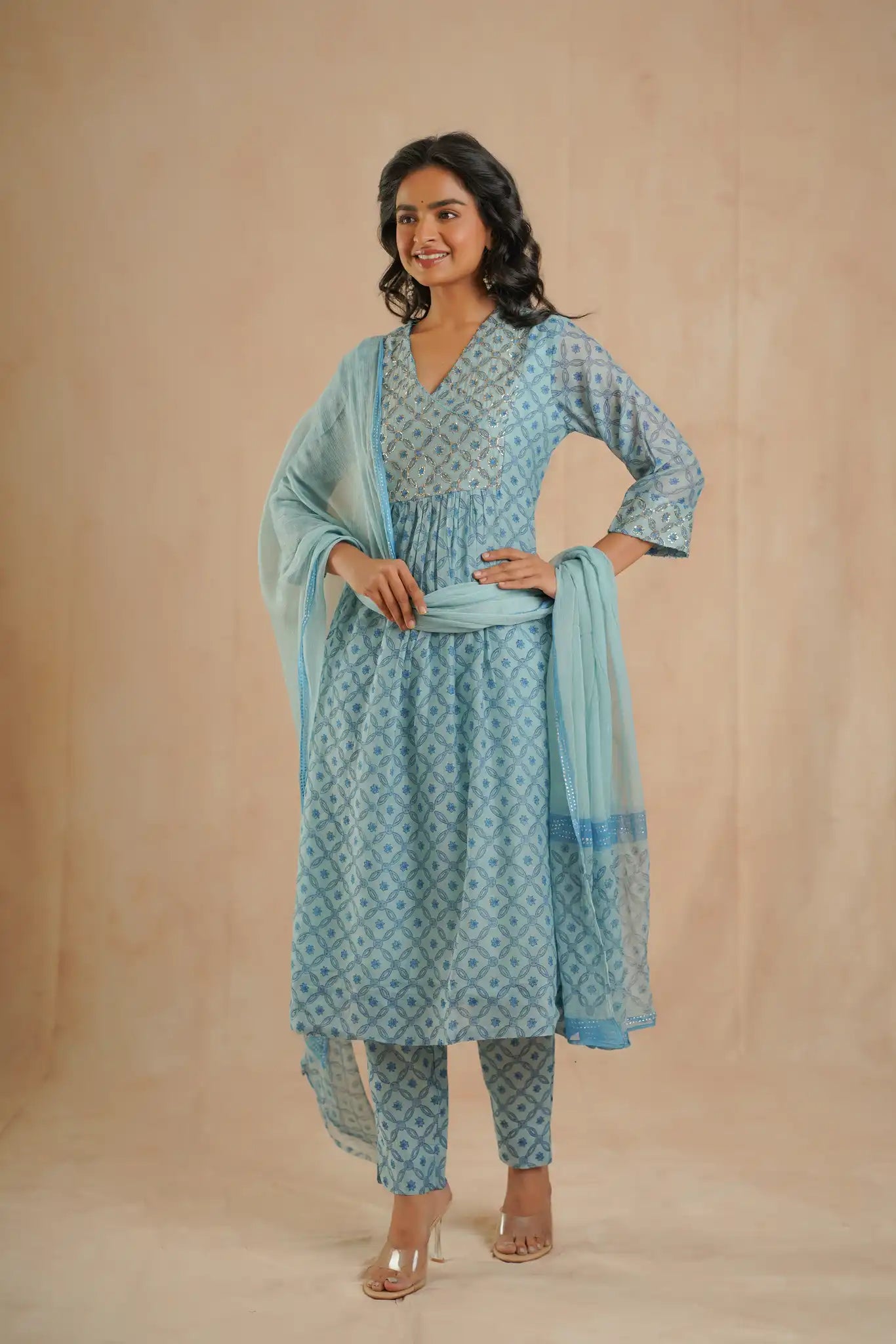 Chanderi Dress with Rogan & Pitan work - Teal Blue