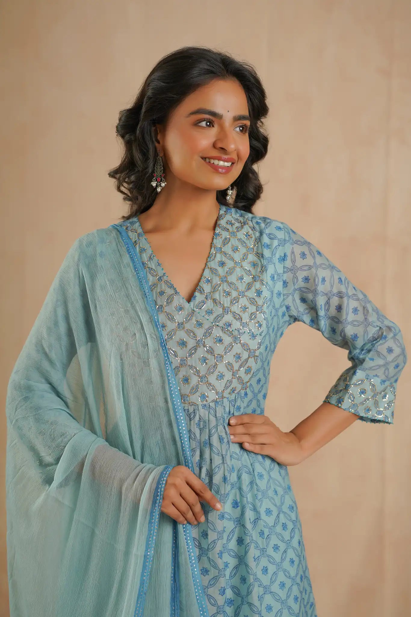 Chanderi Dress with Rogan & Pitan work - Teal Blue