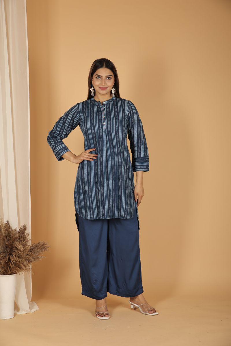 Satin Modal Natural Dye kurta with Handwork - Indigo