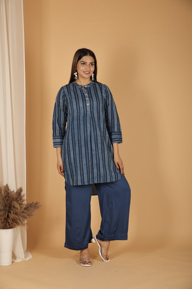 Satin Modal Natural Dye kurta with Handwork - Indigo