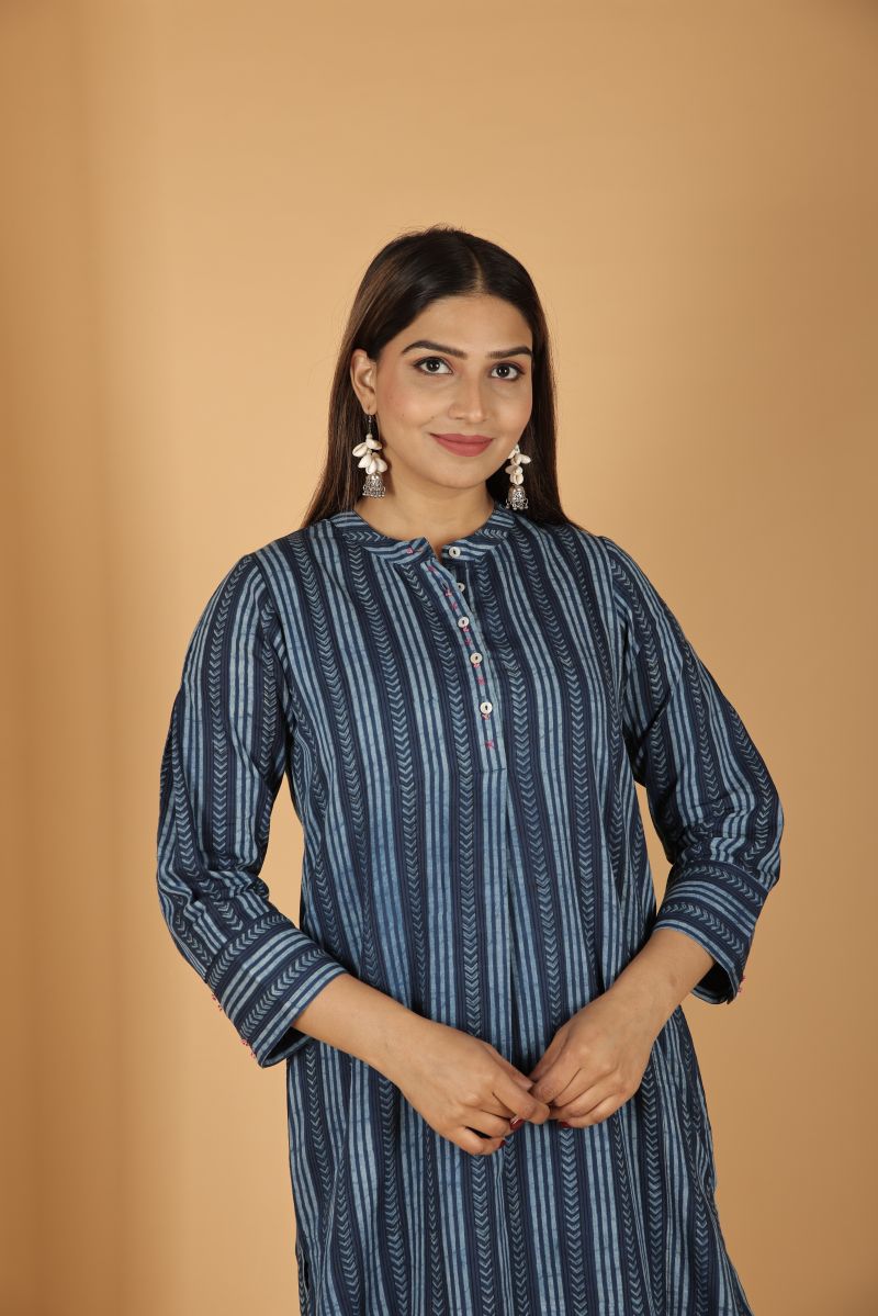 Satin Modal Natural Dye kurta with Handwork - Indigo