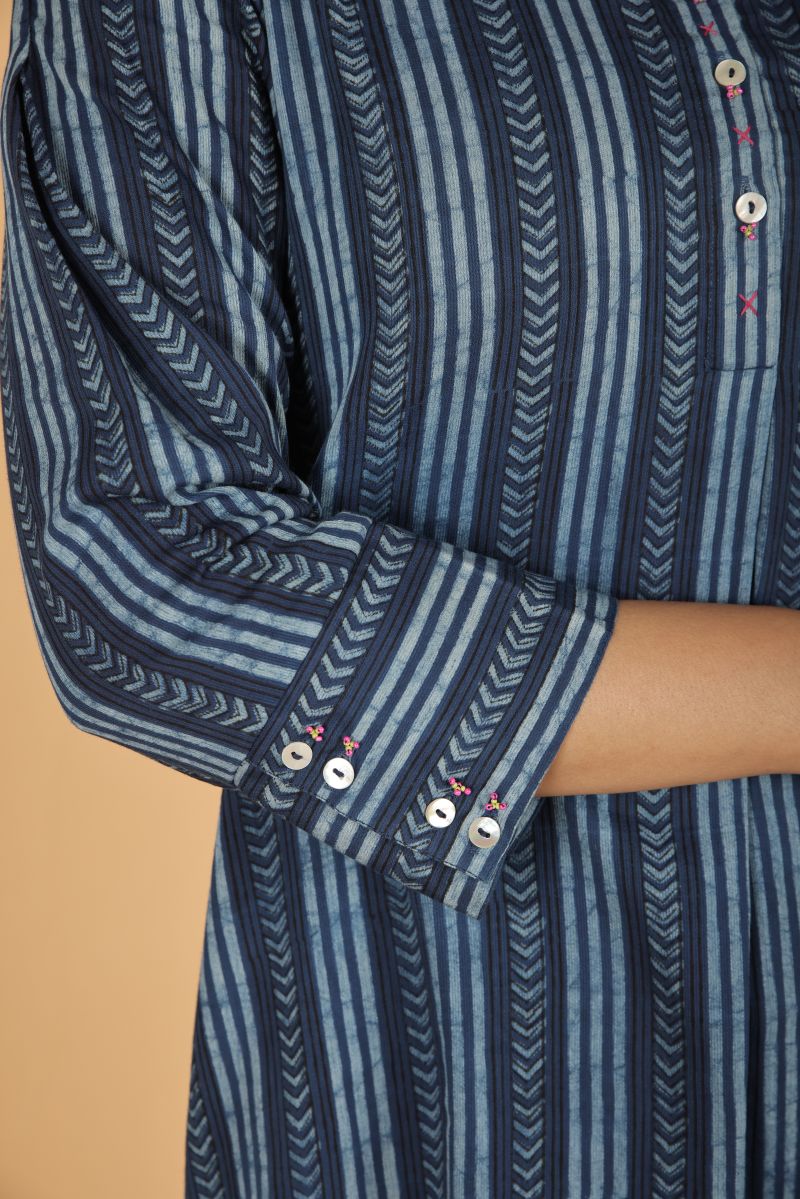 Satin Modal Natural Dye kurta with Handwork - Indigo