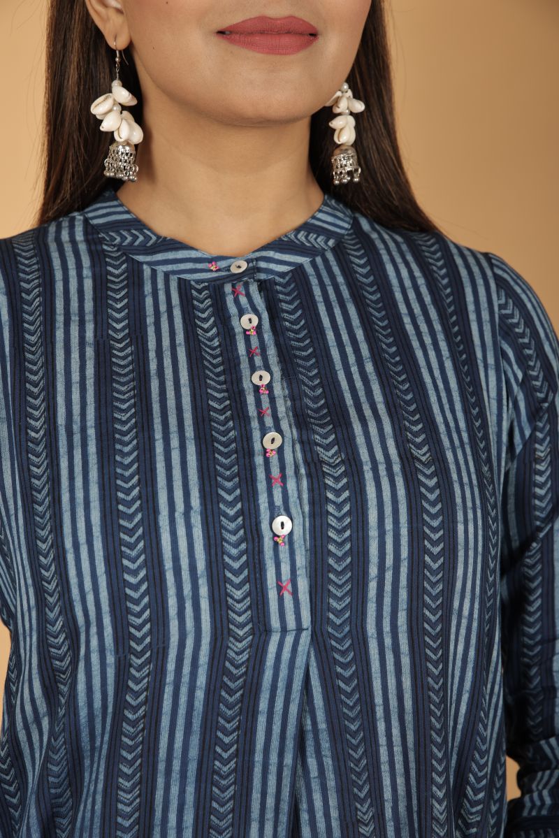 Satin Modal Natural Dye kurta with Handwork - Indigo