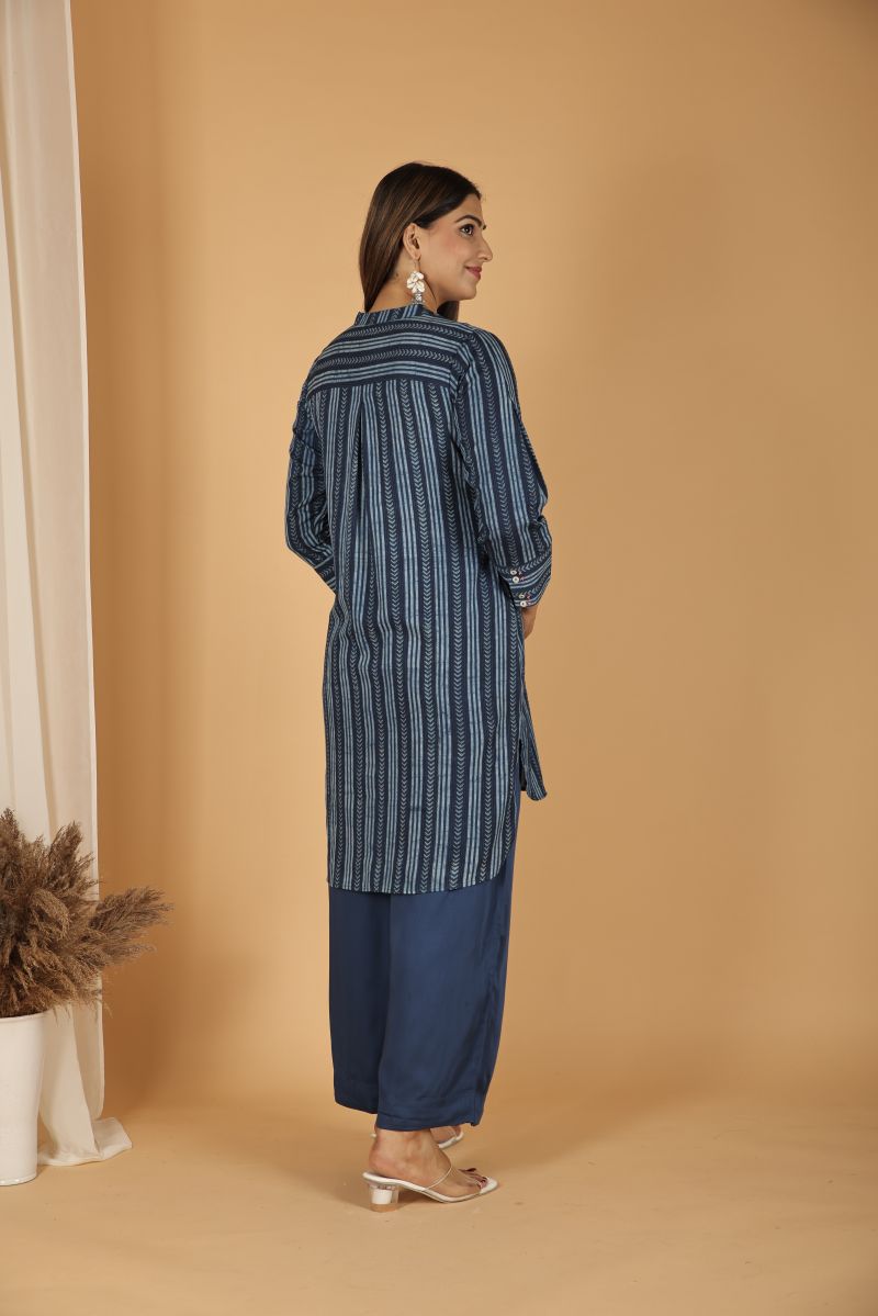 Satin Modal Natural Dye kurta with Handwork - Indigo