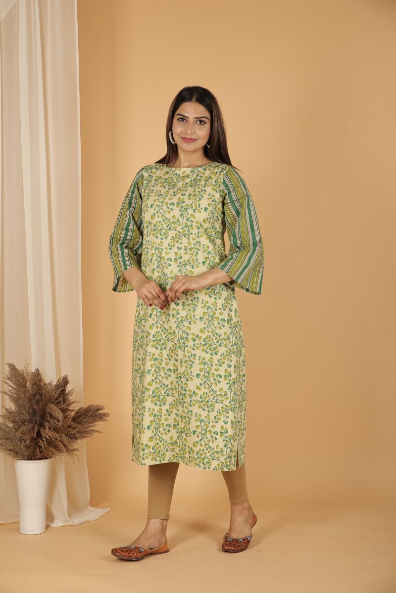 Fern print kurta with Striped Sleeves - Green