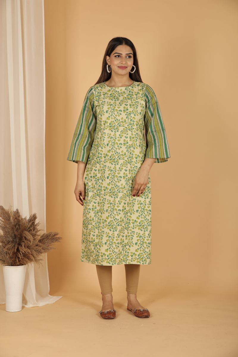 Fern print kurta with Striped Sleeves - Green
