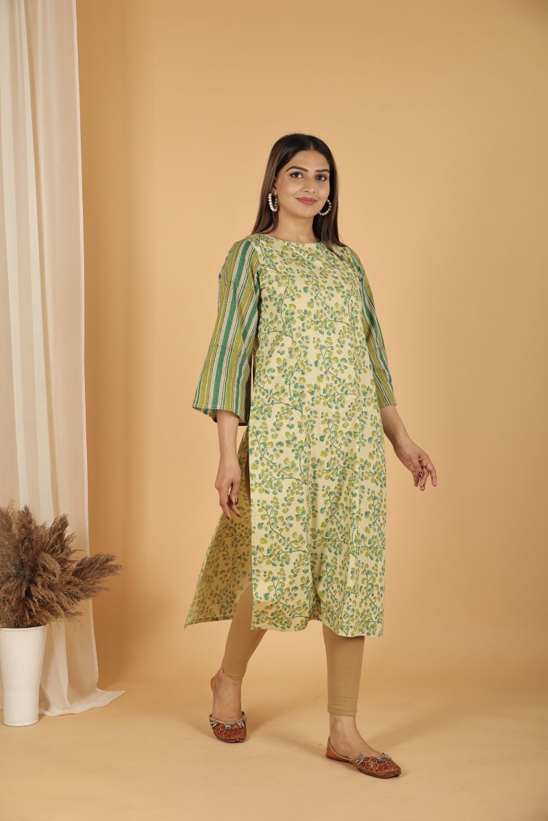 Fern print kurta with Striped Sleeves - Green