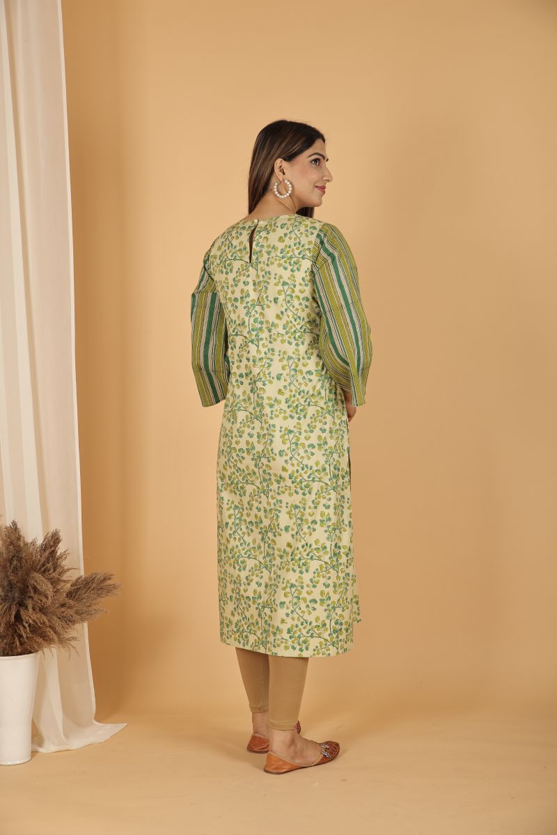 Fern print kurta with Striped Sleeves - Green