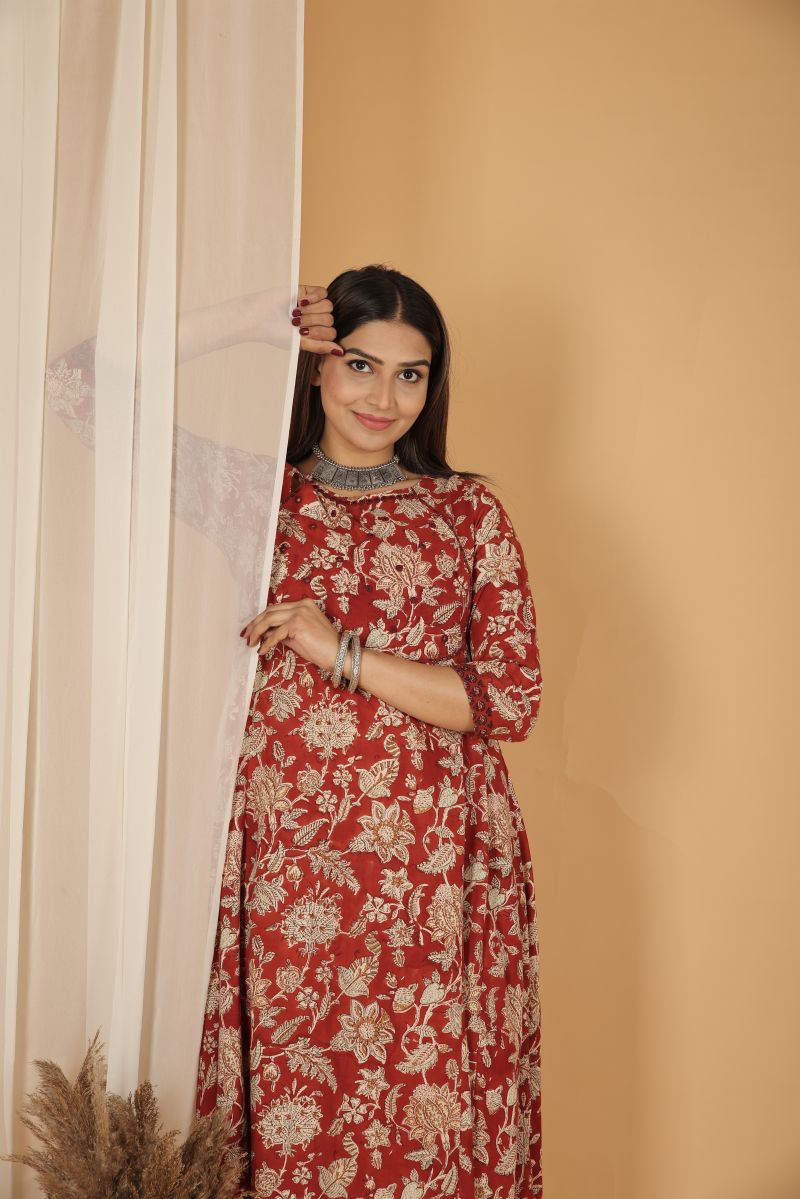 Anarkali Dress with Barmer Work - Maroon