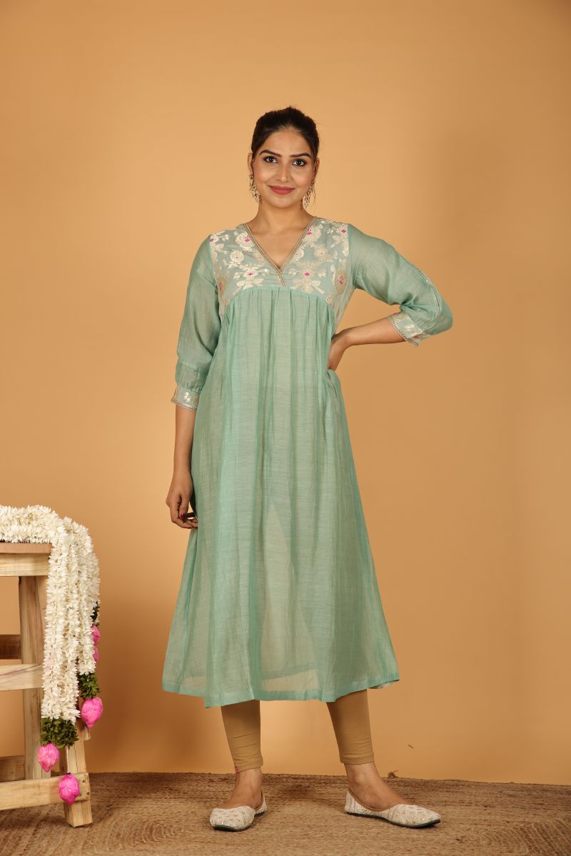 Teal Blue Aliya cut with Banarasi yoke