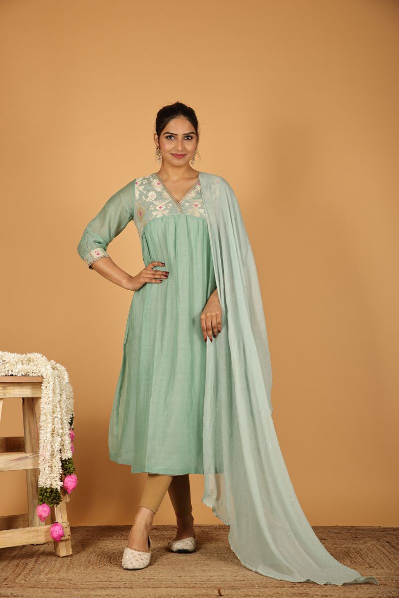 Teal Blue Aliya cut with Banarasi yoke