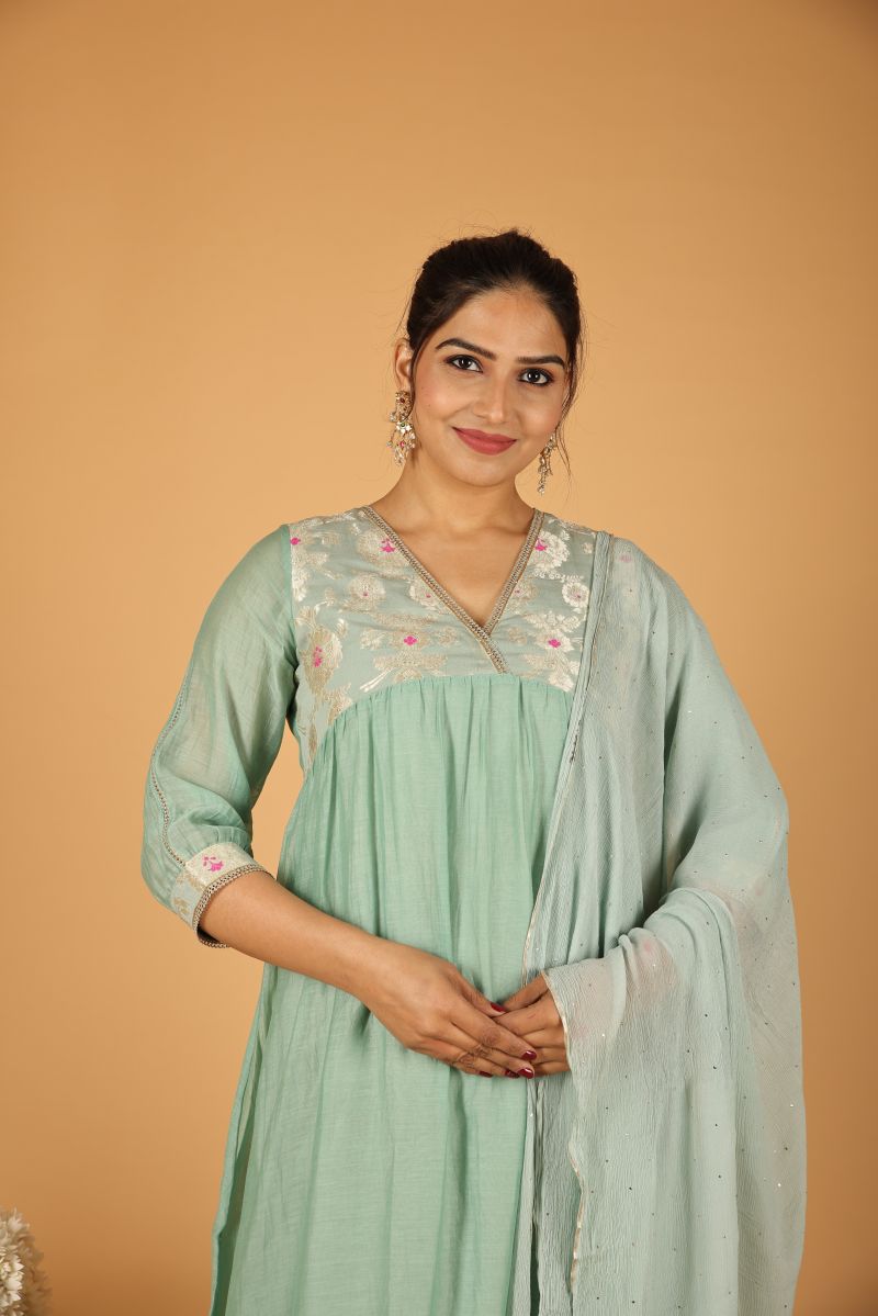 Teal Blue Aliya cut with Banarasi yoke