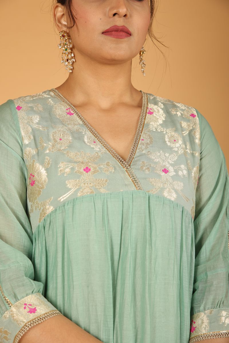 Teal Blue Aliya cut with Banarasi yoke