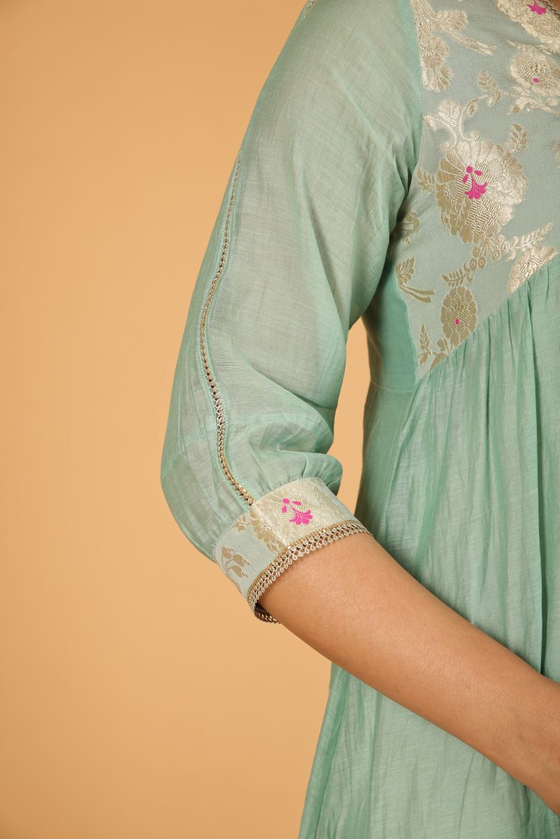 Teal Blue Aliya cut with Banarasi yoke